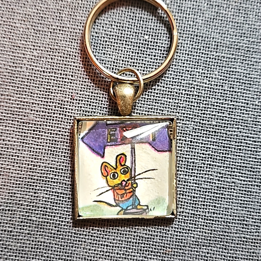 Mouse art 1970s book page keyring Richard Scarry children's book ooak cute!